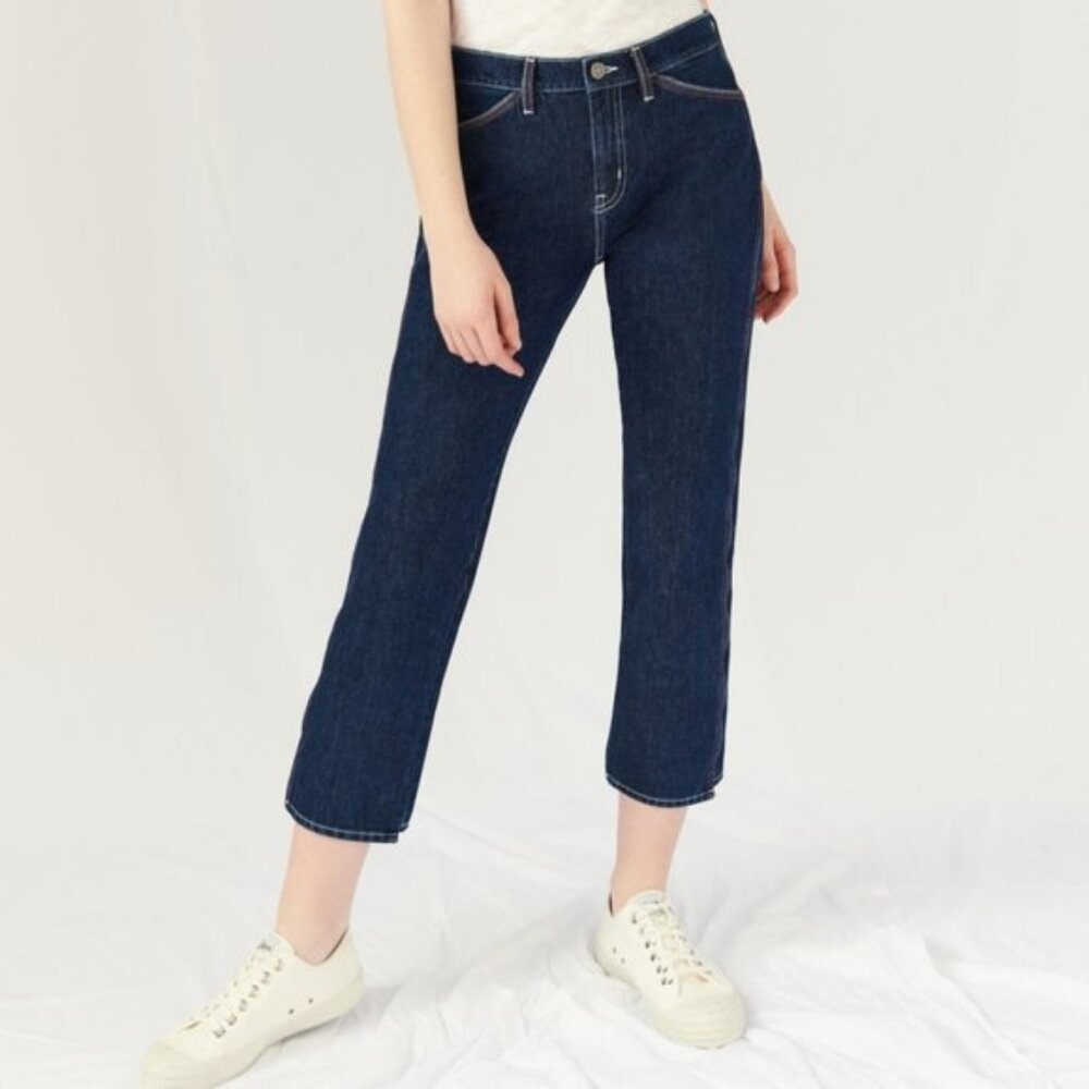 NWT Mih Anthro Cult Mid Rise Dark Wash Straight Jean Colorful Stitching 27